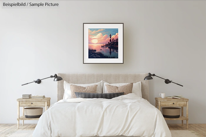 Modern bedroom with neutral decor featuring a coastal painting above a double bed flanked by nightstands and lamps.