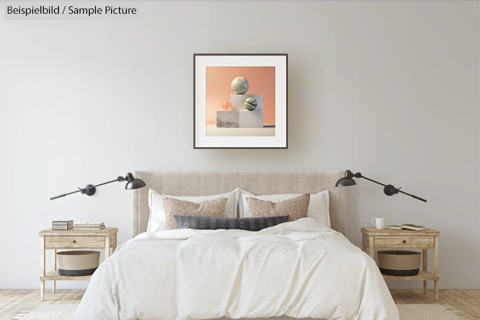 Modern bedroom with neutral tones, featuring a beige upholstered bed, two wooden side tables, and framed abstract art.