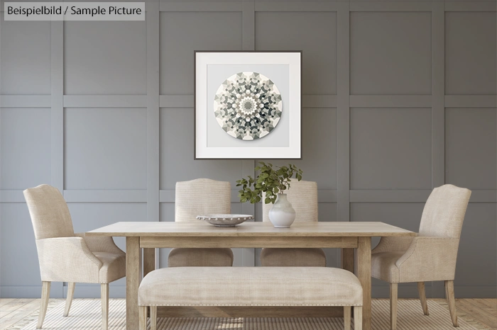 Modern dining room with beige chairs, wooden table, and abstract wall art.