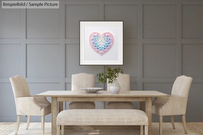 Modern dining room with beige chairs, wooden table, and heart artwork on a gray paneled wall.