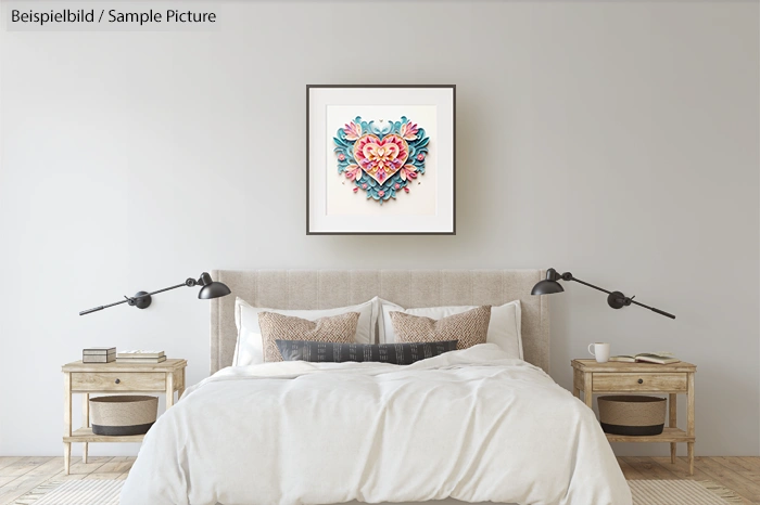 Bedroom with modern decor, featuring a colorful abstract heart artwork above a plush bed and wooden nightstands.