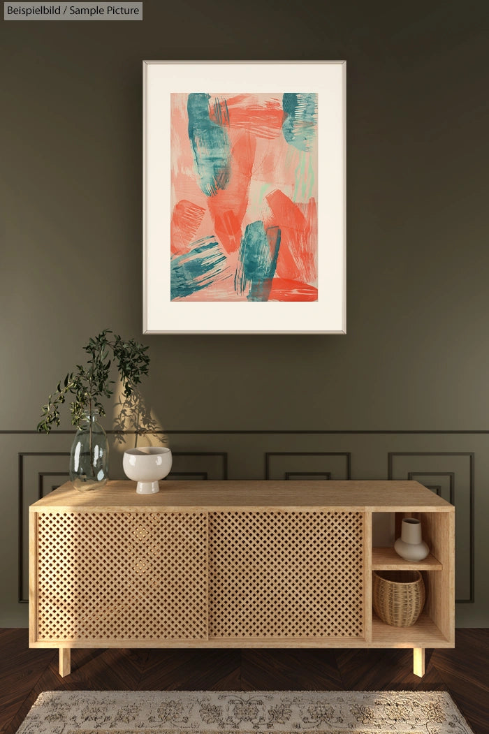 Modern living room with abstract orange and blue painting above wooden sideboard, decorated with plants and vases.