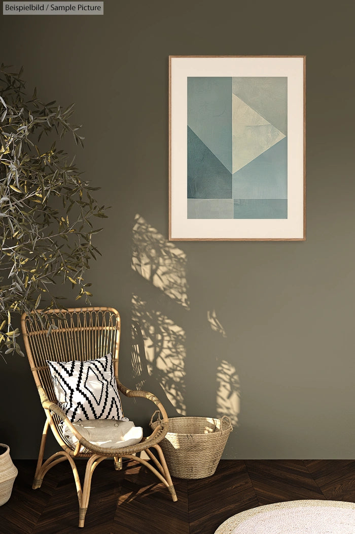 Cozy room with wicker chair, patterned cushion, abstract wall art, and shadowed olive tree on green wall.