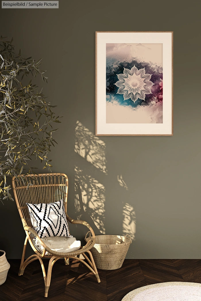 Rattan chair and plant in room with framed abstract floral artwork on green wall, sunlight casting shadows.