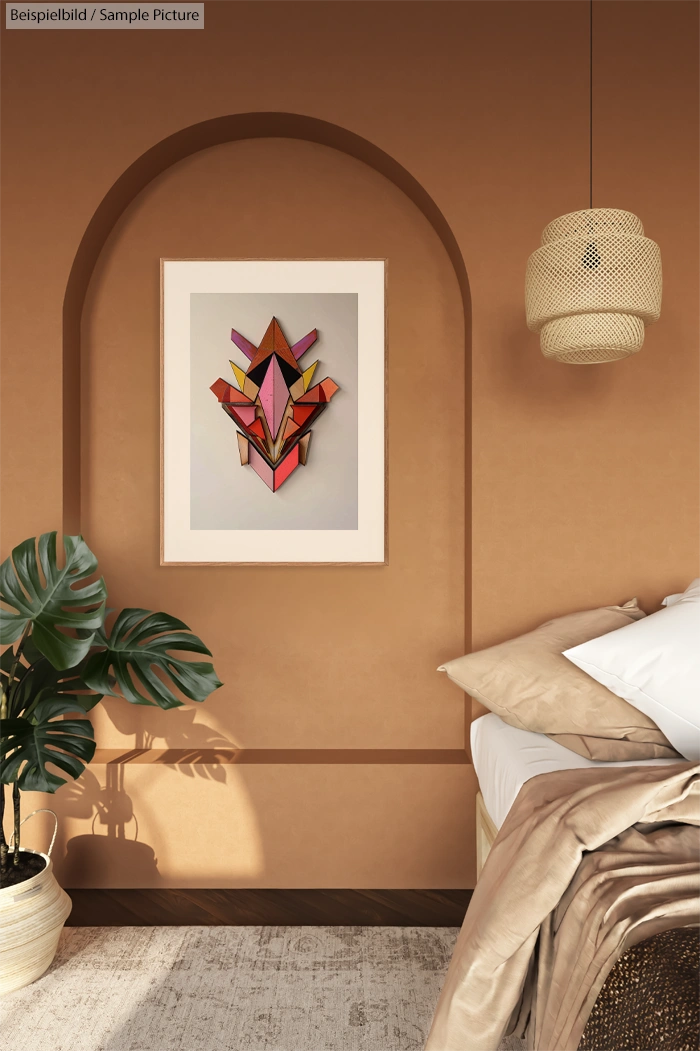 Modern bedroom with art deco painting, arched wall niche, potted plant, and neutral-toned bedding in warm light.