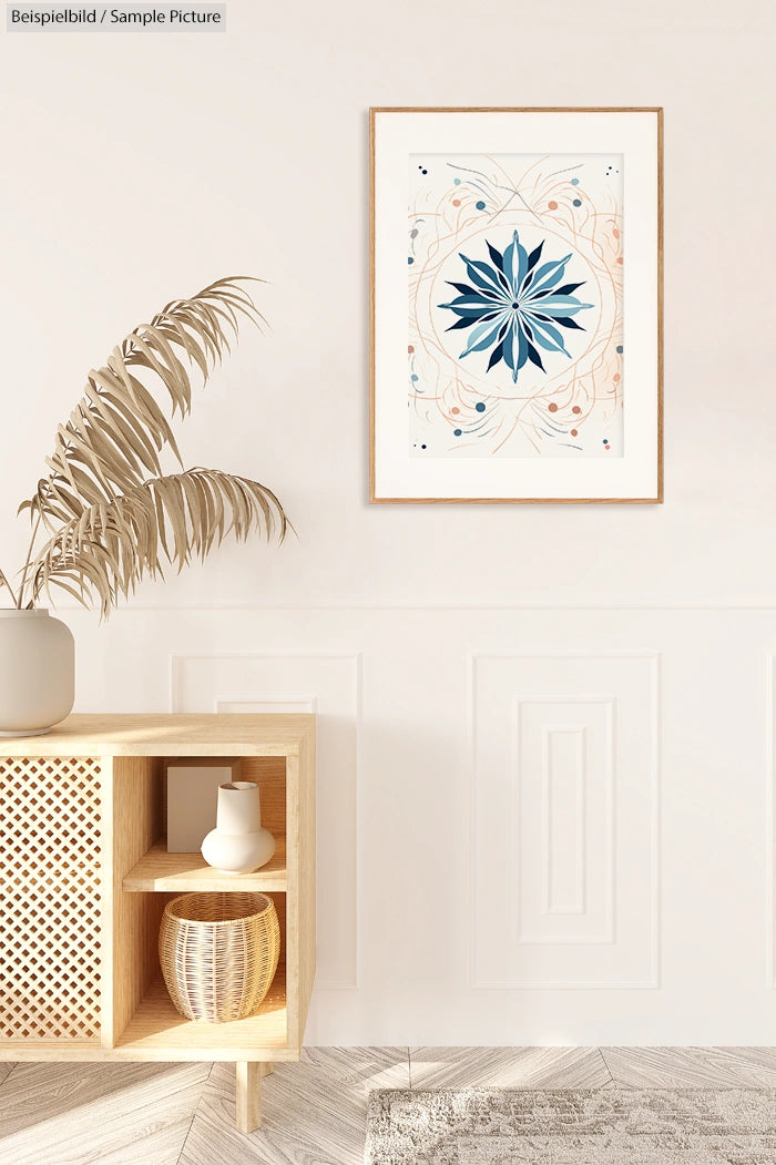 Minimalist interior with a framed abstract geometric artwork on the wall, a wooden cabinet, and a potted plant.