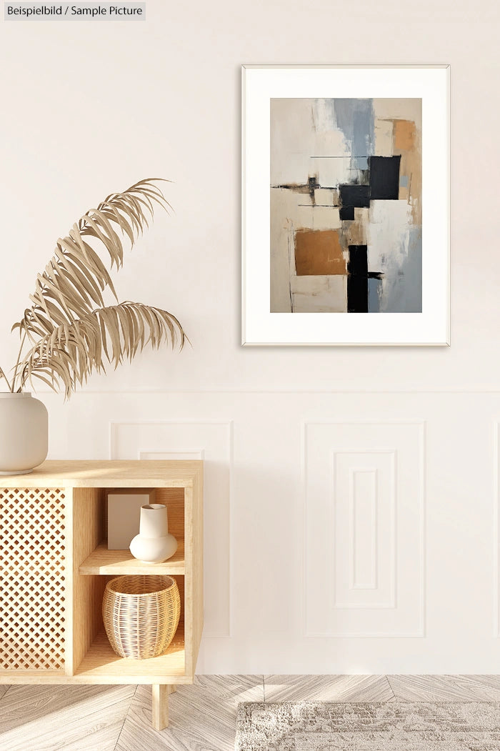 Minimalist room with abstract painting and wooden shelf with vase and basket.