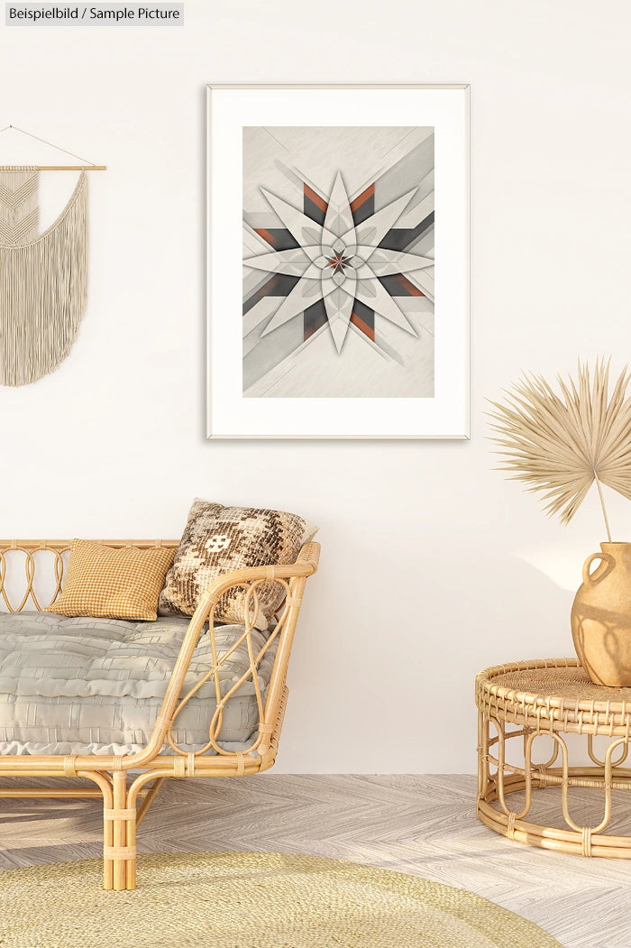 Boho-style living room with a woven chair, abstract art, and decorative elements on a light wooden floor.