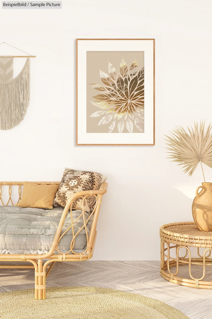 Neutral-toned room with wicker sofa, decorative pillows, leaf art on wall, and woven decor on round table.