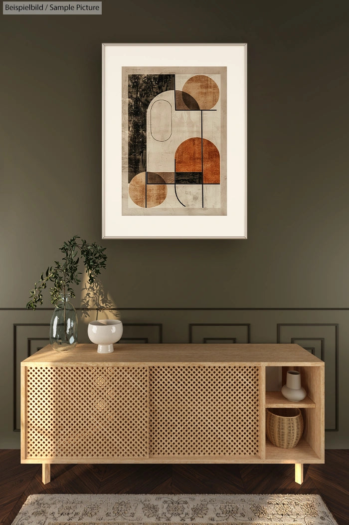 Modern living room with abstract geometric wall art above a wooden sideboard featuring a vase and bowls.