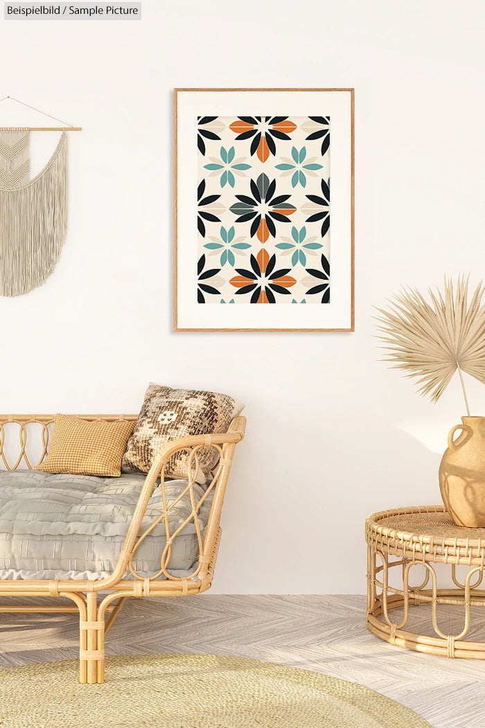 Boho-inspired living room with a geometric patterned wall art, woven chair, and decorative elements in neutral tones.