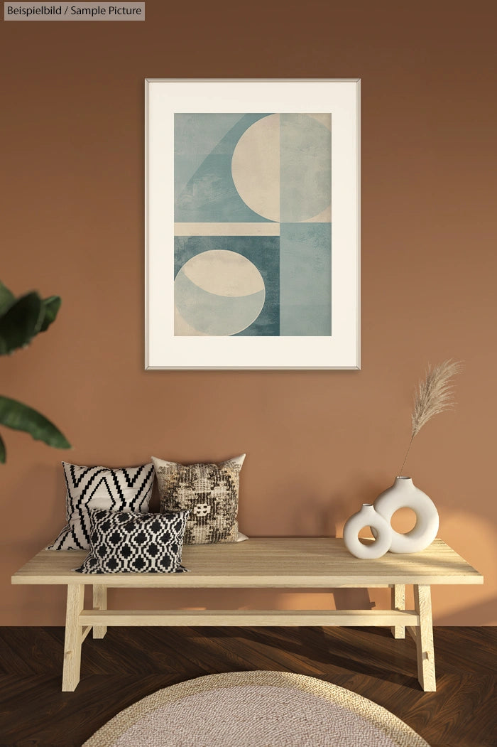 Wooden bench with patterned cushions under abstract blue artwork on brown wall, white vases with pampas grass beside.