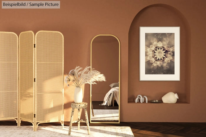 Stylish room with brown walls, wicker screen, rounded mirror, artwork on wall, and a vase with dried flowers on a stool.