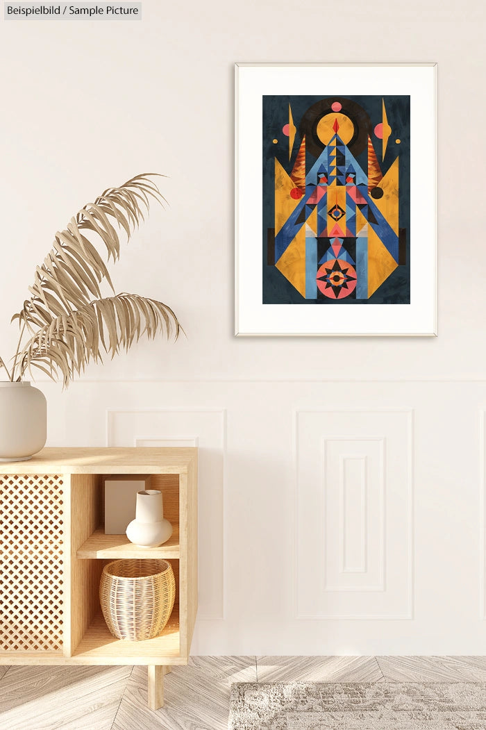 Minimalist room with abstract geometric artwork on wall above wooden shelf with decorative items and vase.