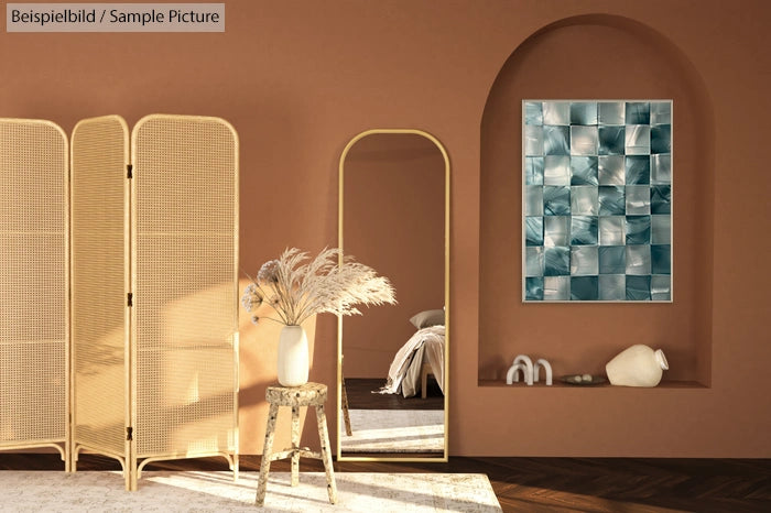 Stylish bedroom with brown walls, abstract blue art, arched mirror, wicker screen, and modern decor accents.