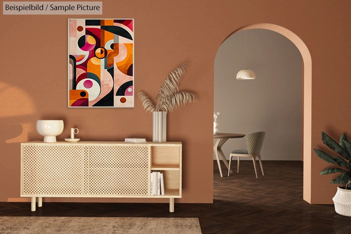 Modern living room with abstract art, brown walls, cabinet, archway, and visible dining area with chairs and lamp.