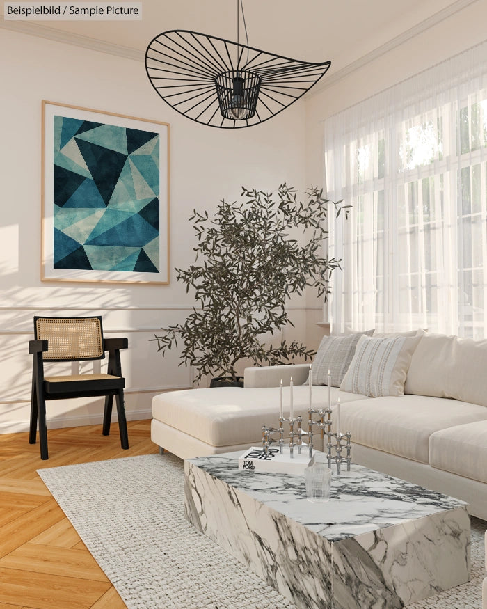 Modern living room with geometric art, marble table, white sofa, wicker chair, and plant.