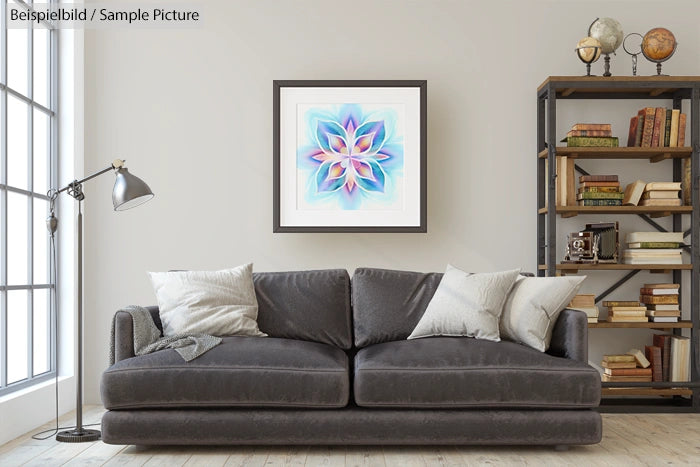 Living room with a grey sofa, cushions, shelf with books, and framed flower painting on the wall.