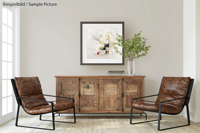 Modern living room with two leather chairs, a wooden cabinet, abstract artwork on wall, and potted plant.