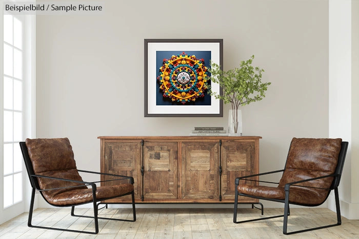 Modern living room with leather chairs, wooden cabinet, and framed geometric artwork on wall.