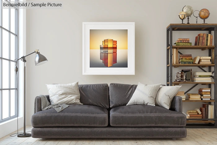 Modern living room with gray sofa and bookshelf, featuring framed abstract art of a sunset reflection on the wall.