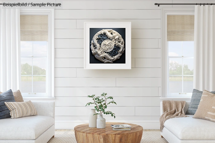 Modern living room with a wall-mounted artwork between two windows. Round wooden table with plant at center.