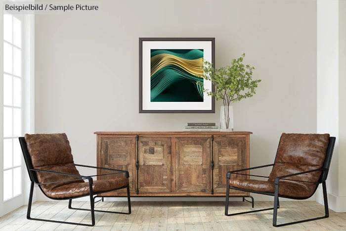 Modern living room with brown chairs, wooden cabinet, and abstract green and yellow artwork above.