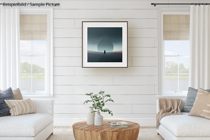 Minimalist living room with two sofas, wall art featuring a surreal landscape, and a small wooden coffee table with a plant.