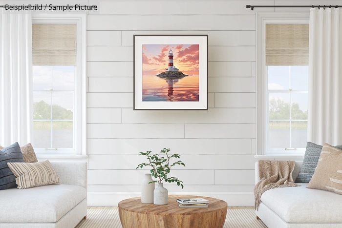 Cozy living room with lighthouse painting on wall, two sofas, coffee table, potted plant, and large windows.