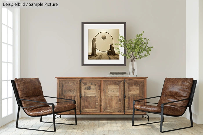 Minimal living room with brown chairs, wooden console, and framed sepia art on the wall.