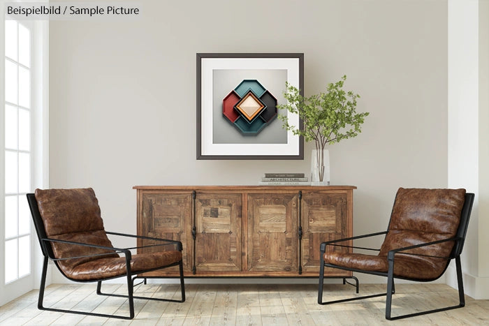 Modern living room with two leather chairs, a wooden sideboard, geometric wall art, and a potted plant on the sideboard.