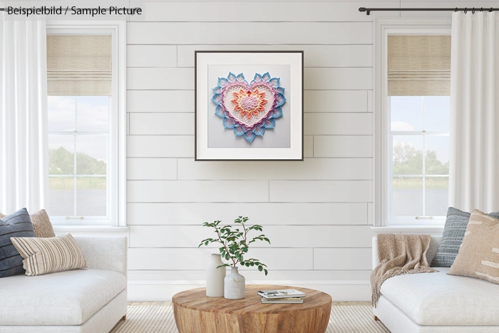 Modern living room with abstract heart art on wall, beige sofas, round wooden coffee table, and potted plant.