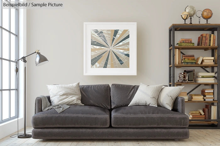 Cozy living room with gray sofa, abstract geometric art on wall, and bookshelf with vintage decor.