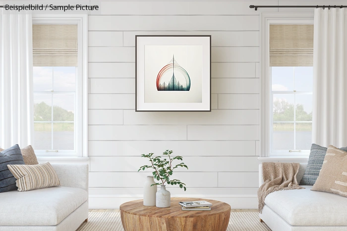 Modern living room with white shiplap walls, two sofas, plant on wood table, and framed abstract artwork.