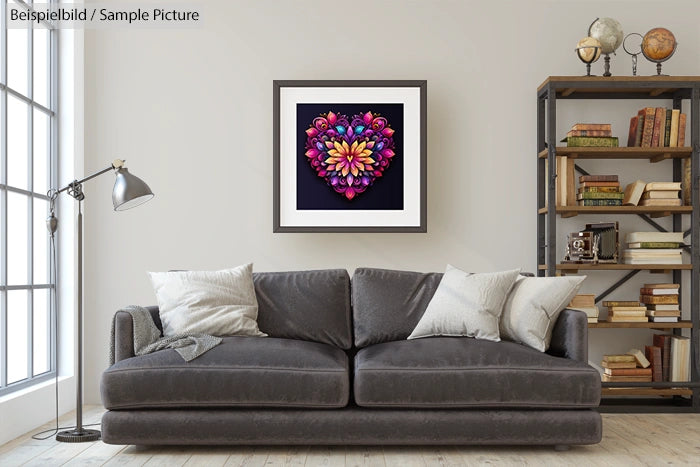 Modern living room with grey sofa, colorful heart artwork on wall, and a bookshelf filled with various books.