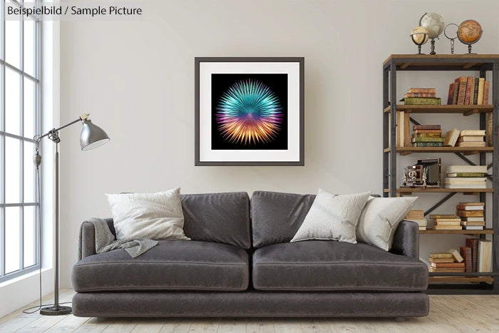 Modern living room with dark gray sofa, colorful abstract artwork, and bookshelf with vintage items.