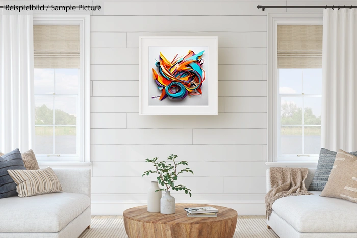 Modern living room with abstract multicolored wall art, white walls, two windows, sofa, and a wooden table with plant.