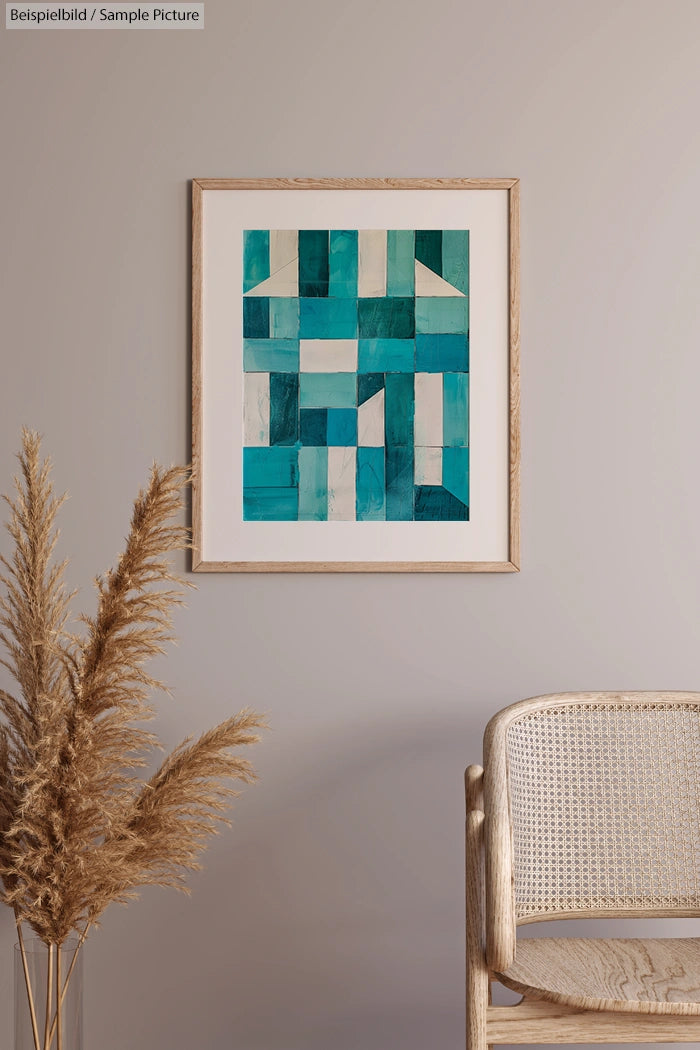 Framed geometric teal artwork on beige wall, near wicker chair and pampas grass.