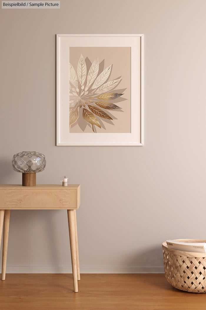 Minimalistic room with a framed botanical print, wooden side table, glass lamp, and woven basket on hardwood floor.