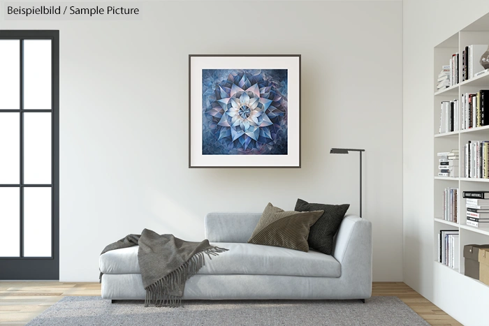 Modern living room with gray sofa, blue geometric art, and bookshelves.