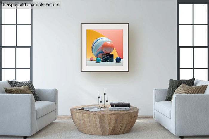 Modern living room with abstract art on wall, round wooden coffee table, and two gray sofas with cushions.