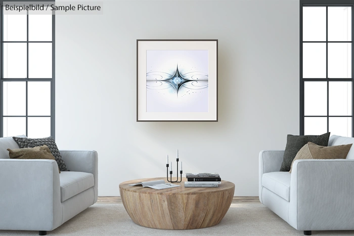 Modern living room with two gray sofas, round wooden coffee table, and abstract artwork on the wall.