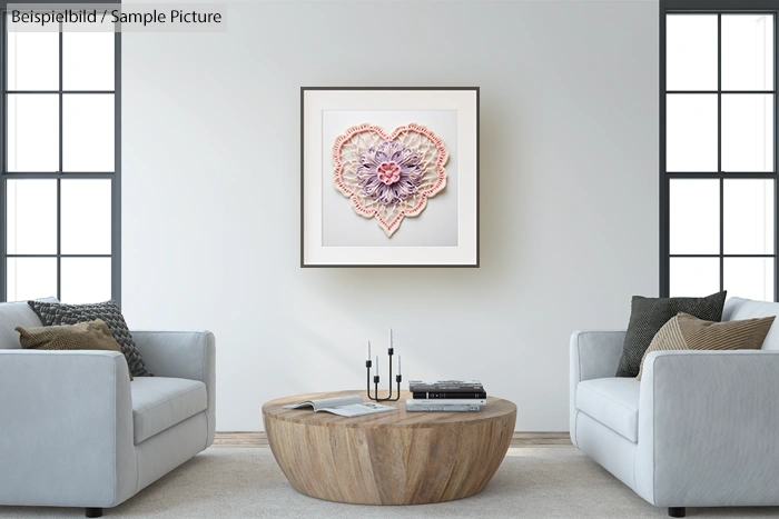 Modern living room with white sofas, wooden coffee table, and framed pastel artwork on a white wall.