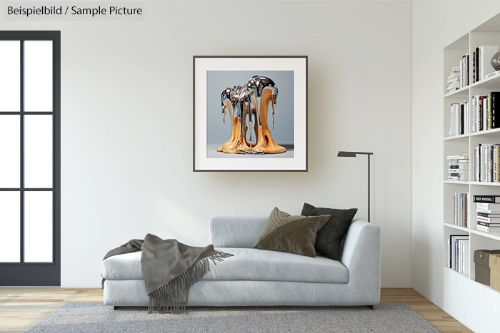 Modern living room with a light gray sofa, black floor lamp, and framed abstract art on the wall.