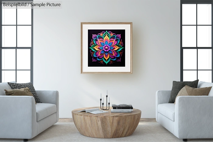 Modern living room with two sofas, a wooden coffee table, and a colorful mandala artwork on the wall.