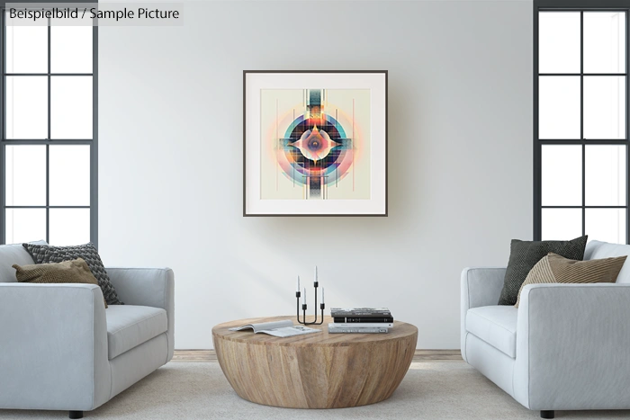 Modern living room with abstract geometric art on wall, two sofas, round wooden coffee table, and decorative accents.