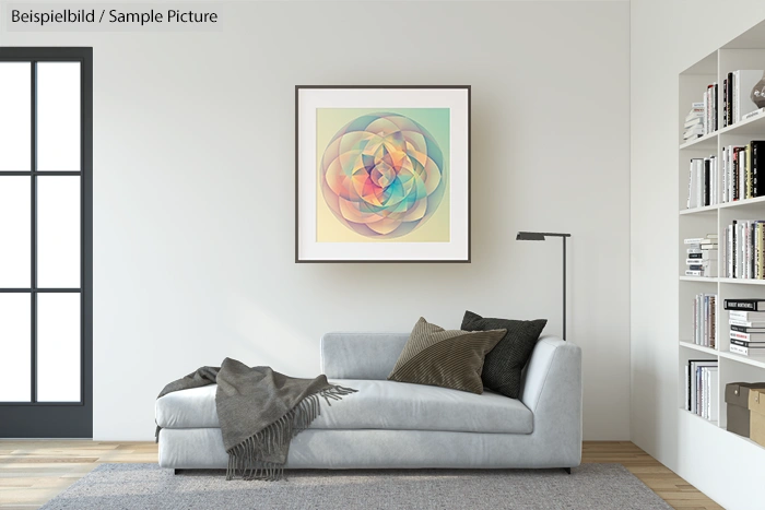 Modern living room with abstract geometric art, grey sofa with pillows and throw, and bookshelves.