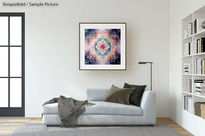 Modern living room with abstract geometric painting above light gray sofa, wooden floor, and bookshelves.