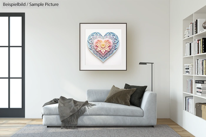 Modern living room with gray couch, framed heart artwork on wall, and bookshelves.