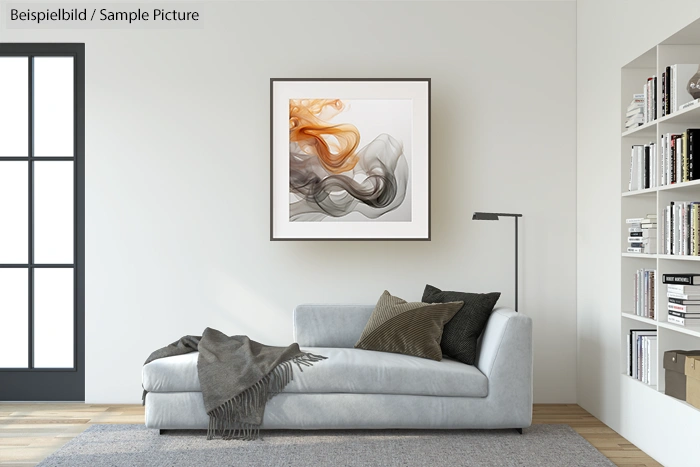 Modern living room with gray sofa, abstract art, and minimalist shelving.